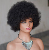 10'' Soft Afro Kinky Curly Short Black Human Hair Pixie Cut Fringe Wig